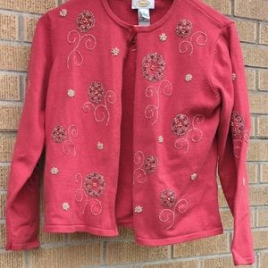 Talbots Pink Cardigan with Floral Embellishments